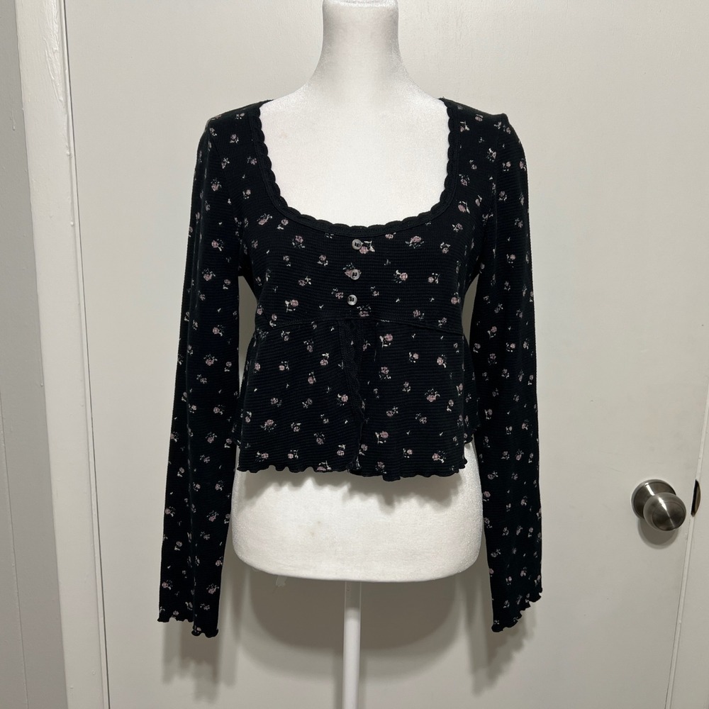 Kirious‎ LA Womens Floral Crop Top Size XL Black Long Sleeve Lettuce Hem